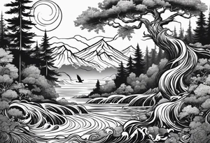 forest with water flowing and phoenix and roots and waves and three birds tattoo idea