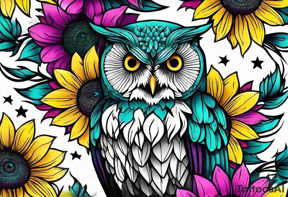 Leg Sleeve with teal, pink and purple owl and yellow sunflowers tattoo idea