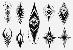 Generate a vertical tattoo design that incorporates abstract shapes and symbols to represent personal growth and evolution, suitable for placement on the back of the forearm tattoo idea