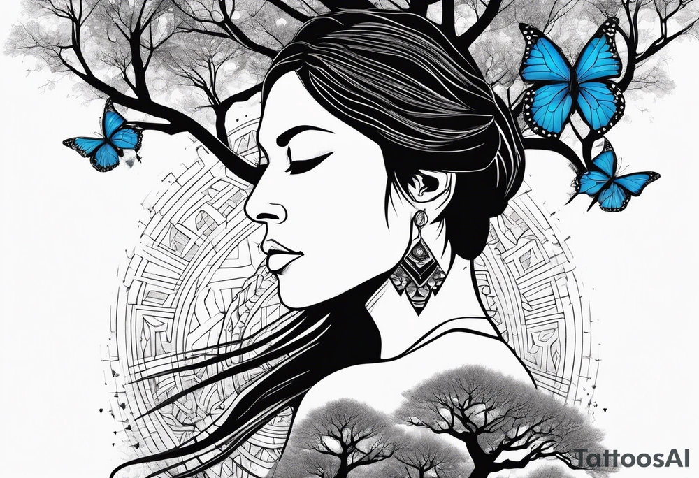 Tree with upper left branches forming a native American woman's face as she looks down onto the trees base and a lonely woman kneels there with 1 blue butterfly tattoo idea