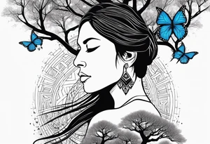 Tree with upper left branches forming a native American woman's face as she looks down onto the trees base and a lonely woman kneels there with 1 blue butterfly tattoo idea