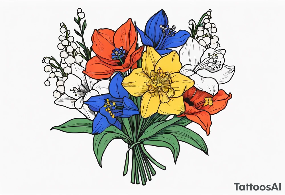 Poppy, larkspur, cosmo, Lily of the valley, daffodil, flower bouquet, portrait style tattoo idea