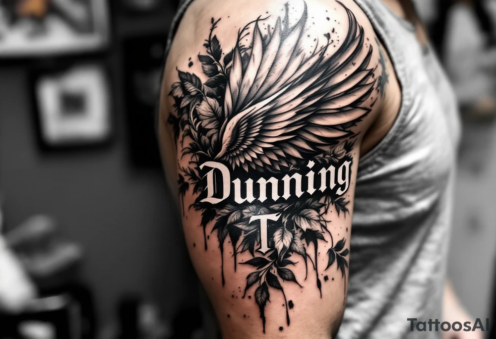 Dunning,on left arm details include angel wing, greek type of font,jungle leaves , tiger claw scratch tattoo idea