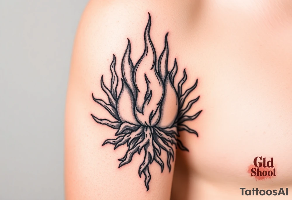 flame in a blooming roots circle tattoo idea