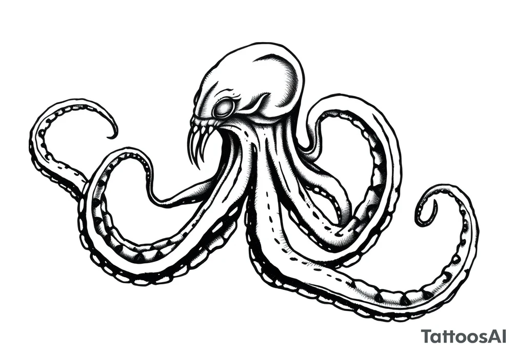 A minimalist blackwork tattoo design of an evil kraken The kraken is viewed from a 45-degree angle facing left, with its head centered. The tentacles extend only to the left and right, with none going downward beneath the head. the tentacles are quite long reaching to the left and right. The style is clean, fine-line detailing with bold outlines, avoiding heavy shading. The tentacles should be fluid, aggressive, and striking, enhancing the menacing and eerie look of the kraken while maintaining a cohesive design for a tattoo sleeve. tattoo idea