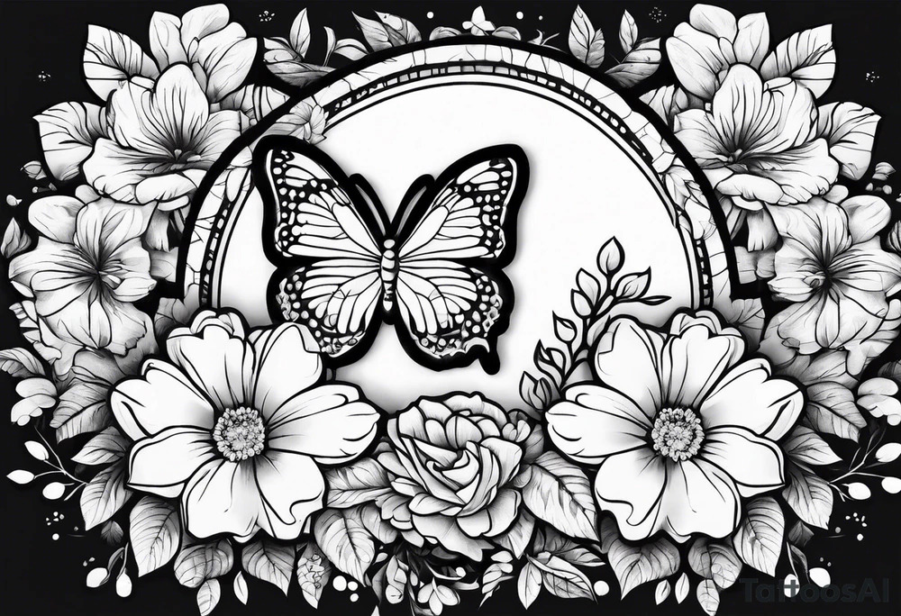 A paw print, flowers, butterflies tattoo idea