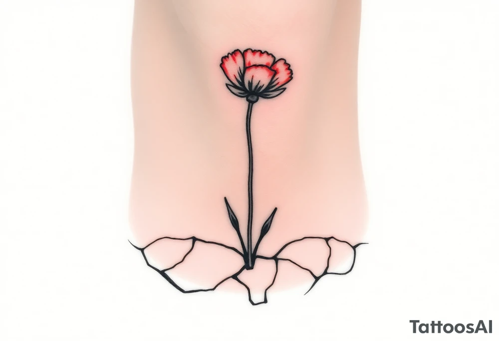 One line only drawing, artsy style, poppy growing up from cracks in pavement, red airbrush on poppy only, back of ankle/heel or back of upper arm, more artistic rendering of cracks, very minimal/simplistic design tattoo idea