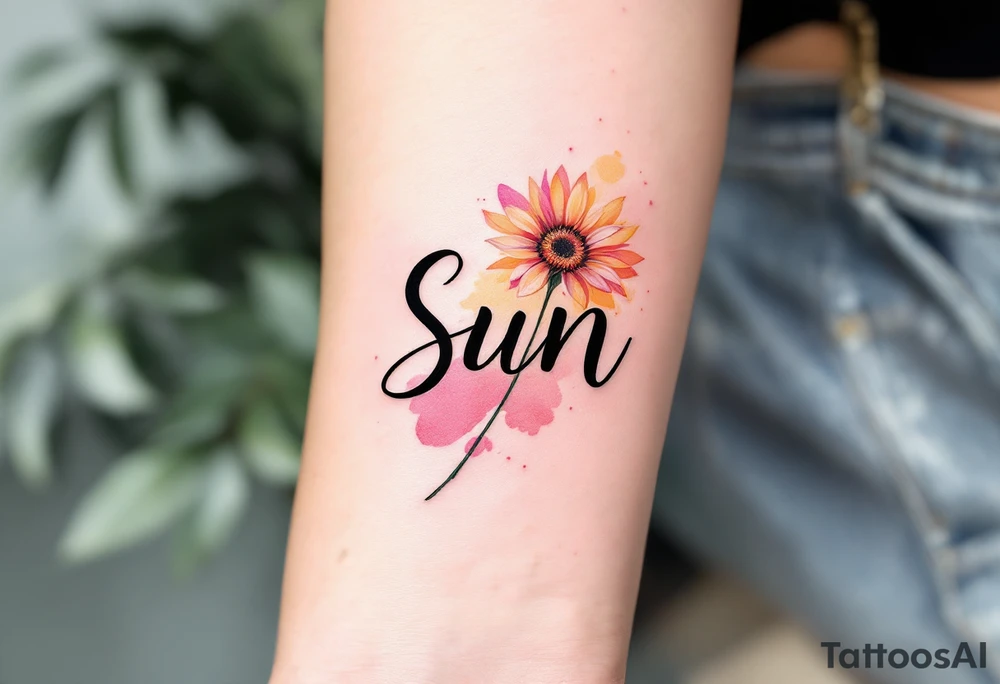 Word "Sun" written vertical with small sunflower in pink tattoo idea