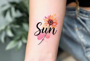 Word "Sun" written vertical with small sunflower in pink tattoo idea
