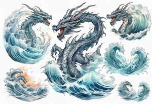 a transparent ghost dragon rising from the waves of the sea tattoo idea