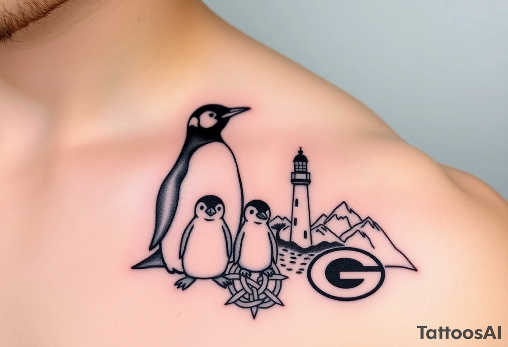compilation outlining important things in my life such as one adult emperor penguin and 3 baby penguins, celtic trinity knot, lighthouse, mountains/nature, the green bay packers, and something to represent my 3 boys tattoo idea