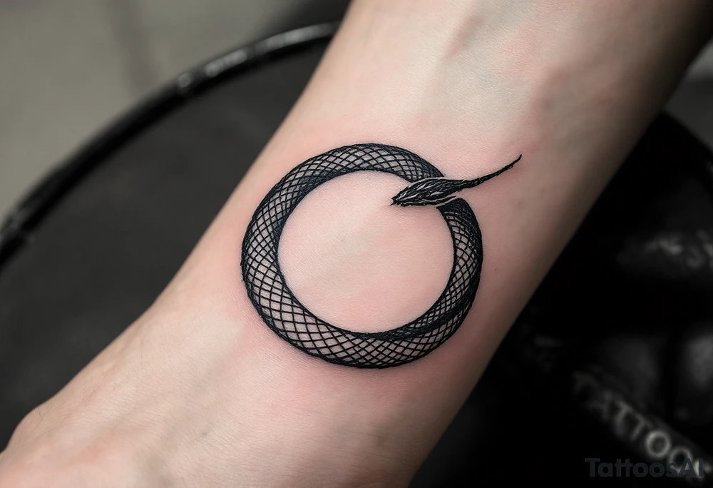 A minimalist Ouroboros snake forming cyrcle made from a single, unbroken black ink stroke tattoo idea