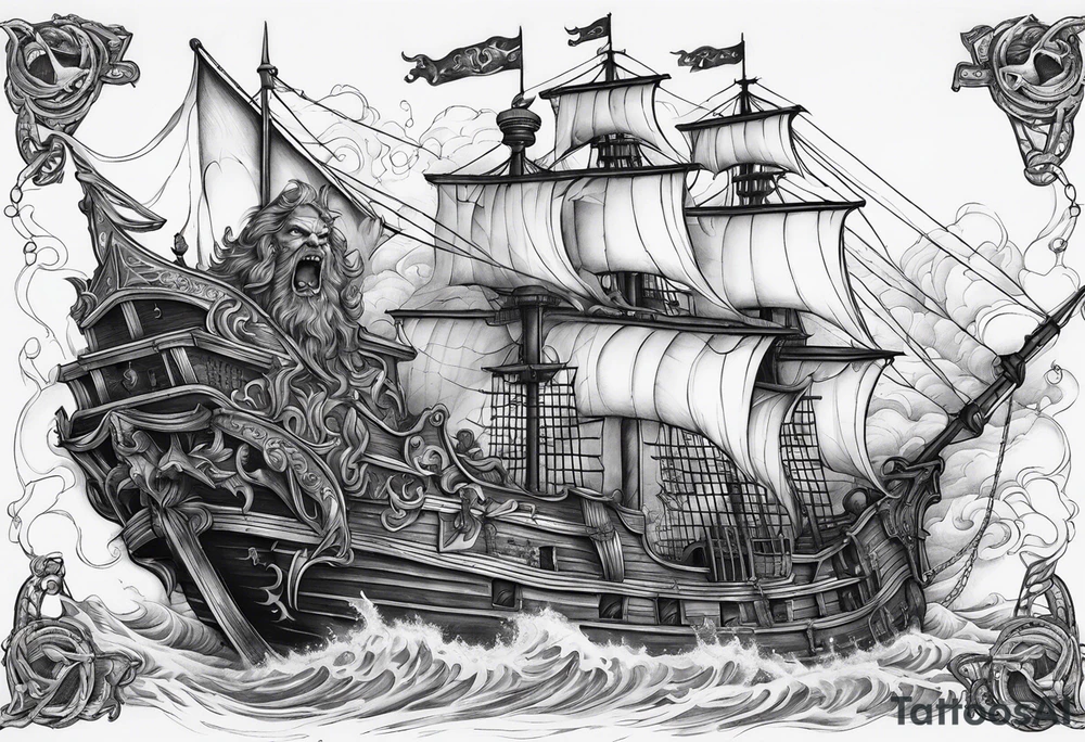Satan on a pirate ship sailing a sea of souls tattoo idea