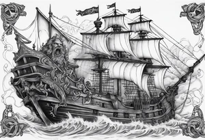 Satan on a pirate ship sailing a sea of souls tattoo idea