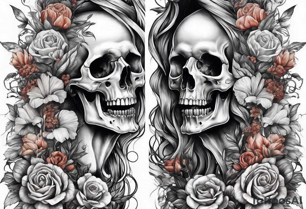arm sleeve indicating pain, consisting of bones and screaming faces and dead flowers tattoo idea