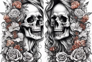 arm sleeve indicating pain, consisting of bones and screaming faces and dead flowers tattoo idea
