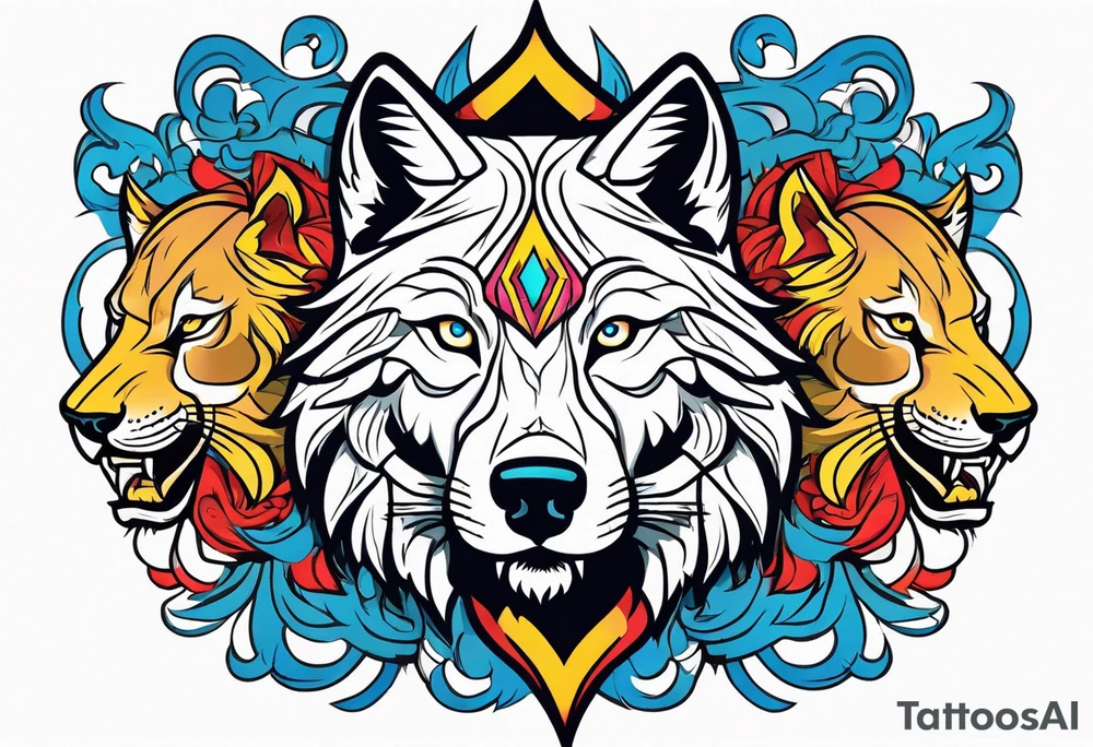A powerful wolf with lions main tattoo idea