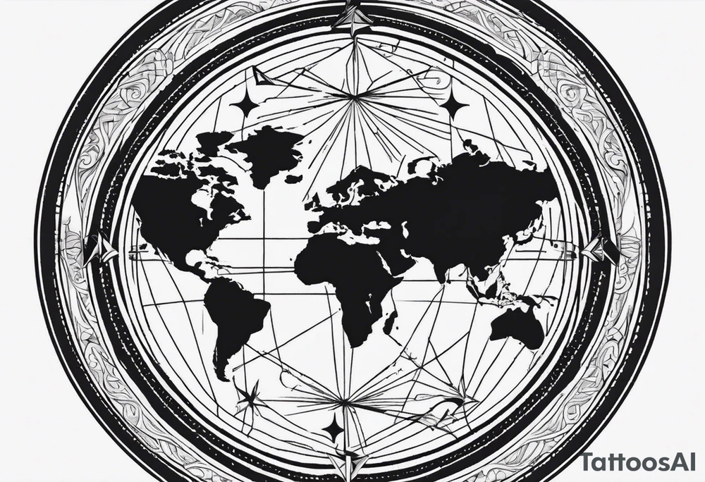 The topic should be travellig the world. The centre should be a minimal compass, maybe combined with the world. The background should be designed with thin lines. It is located at the upper back of a man tattoo idea