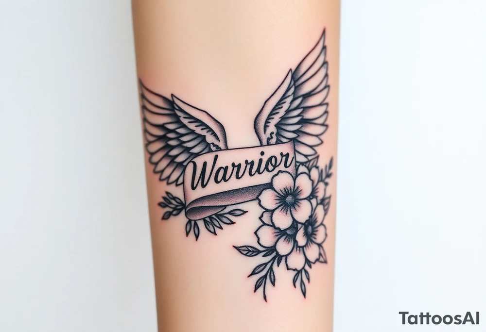 beautiful majestic angel wing with word "Warrior" and bold flowers tattoo idea