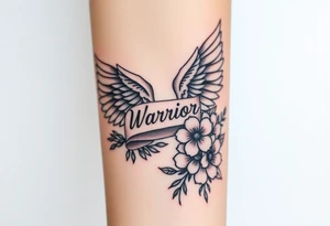 beautiful majestic angel wing with word "Warrior" and bold flowers tattoo idea