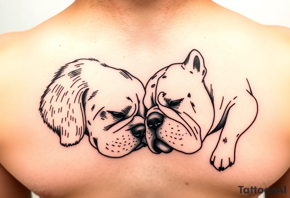 a golden retriever dog and an English bulldog, lying on their sides, head to head, foreheads touching, the golden retriever's head is larger than bulldog's tattoo idea