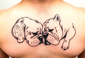 a golden retriever dog and an English bulldog, lying on their sides, head to head, foreheads touching, the golden retriever's head is larger than bulldog's tattoo idea