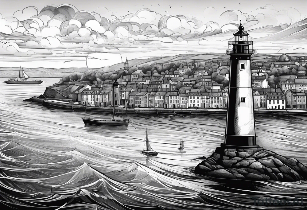 voilier vue de face. phare maritime fixé au centre du voilier et utilisé comme un mat pour les voiles. tattoo idea