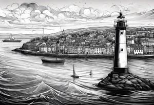 voilier vue de face. phare maritime fixé au centre du voilier et utilisé comme un mat pour les voiles. tattoo idea