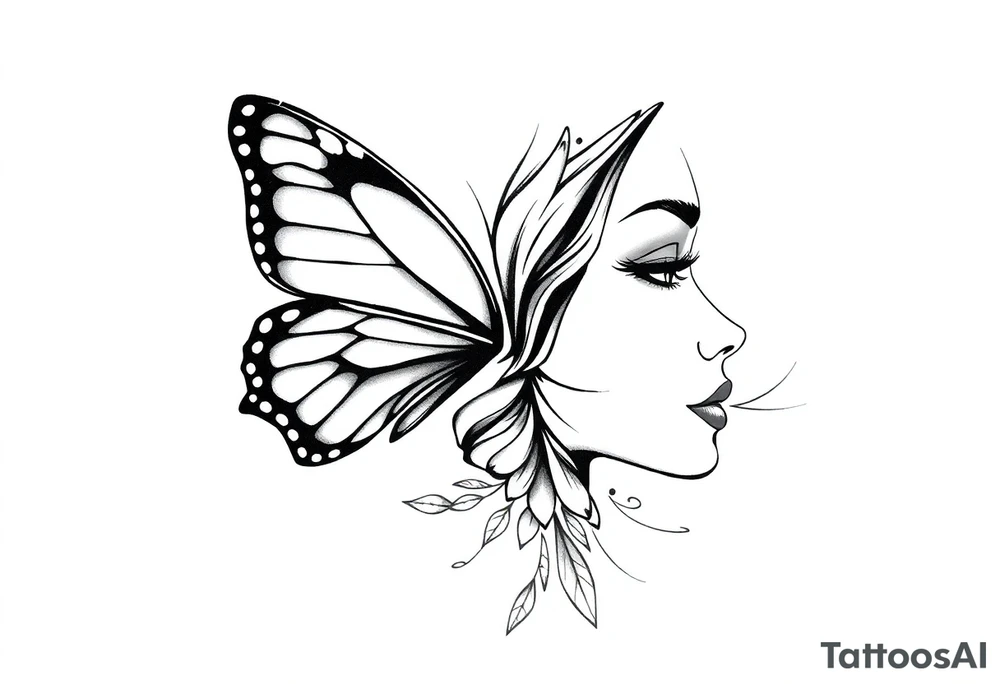 a butterfly half side with womans face tattoo idea