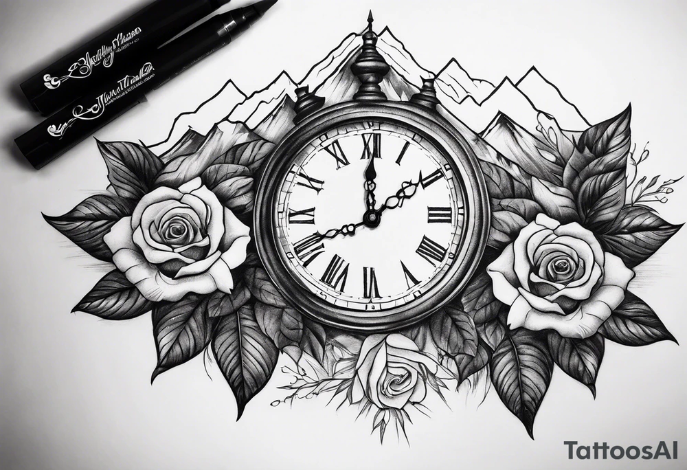 Mountains with clock with roses tattoo idea