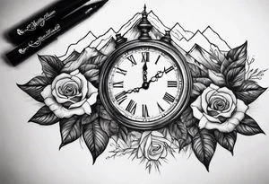 Mountains with clock with roses tattoo idea