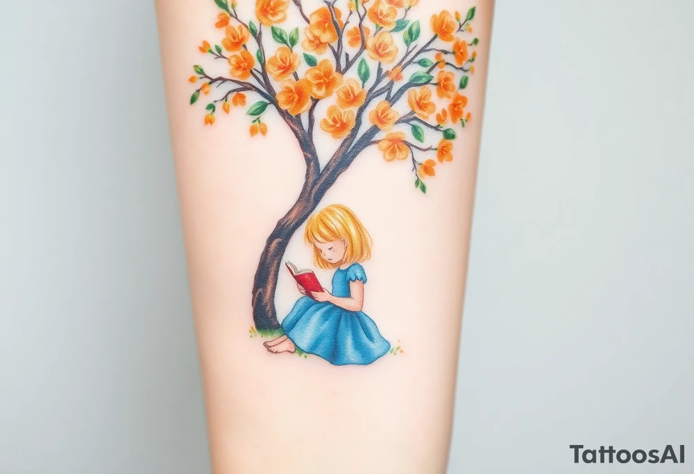 An orange tree full of flowers, a little blond girl wearing a blue dress sitting under it while reading. 


. tattoo idea