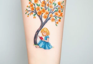 An orange tree full of flowers, a little blond girl wearing a blue dress sitting under it while reading. 


. tattoo idea