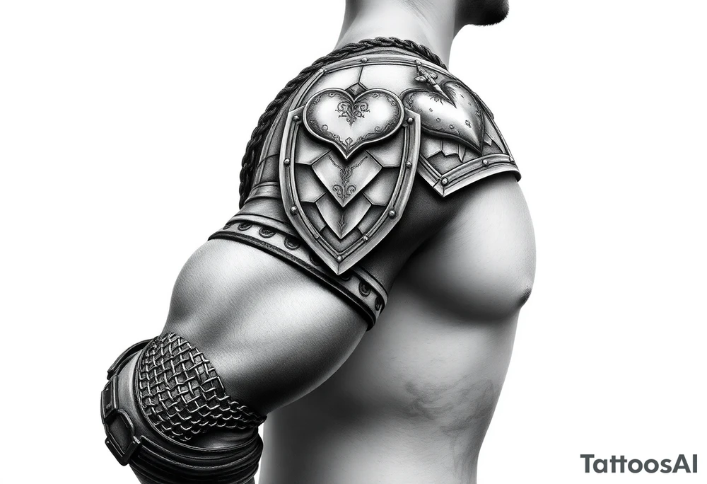 Chainmail and plate layered armor from top of trapezius to below elbow with an intricate plate armor piece with a heart on shoulder tattoo idea