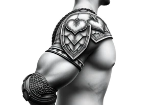 Chainmail and plate layered armor from top of trapezius to below elbow with an intricate plate armor piece with a heart on shoulder tattoo idea