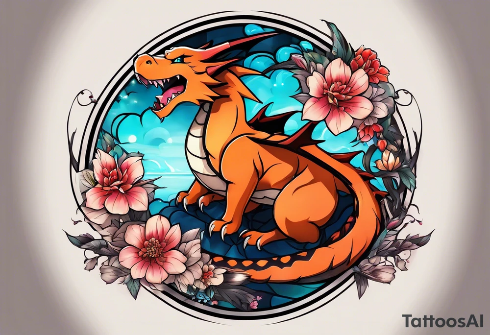 Makes an image that MIXES with lightsabers, charizard, nezuko kamado, or a ring, wands, dragons, WITH FLOWERS tattoo idea