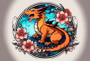 Makes an image that MIXES with lightsabers, charizard, nezuko kamado, or a ring, wands, dragons, WITH FLOWERS tattoo idea