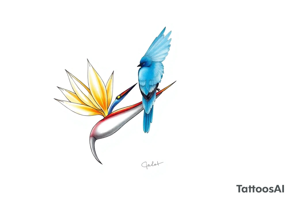Bird of paradise flower with blue bird tattoo idea
