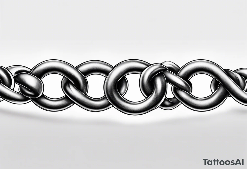 Create a tattoo sketch in a realistic style, depicting a straight chain lying horizontally on a white background. The chain links should be identical in size, evenly spaced, and perfectly aligned from a top-down view. Focus on capturing the metallic texture, reflections, shadows, and signs of wear on each link for a lifelike effect. tattoo idea