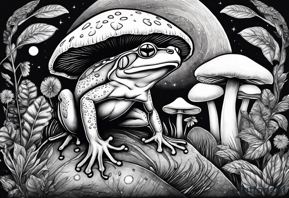 dancing frog under the moonlight mushroom in the Background mystical tattoo idea