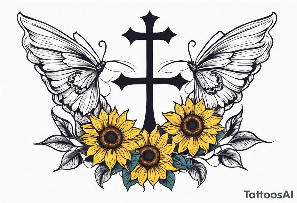 Winged cross with sunflower and butterflies tattoo idea