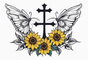 Winged cross with sunflower and butterflies tattoo idea