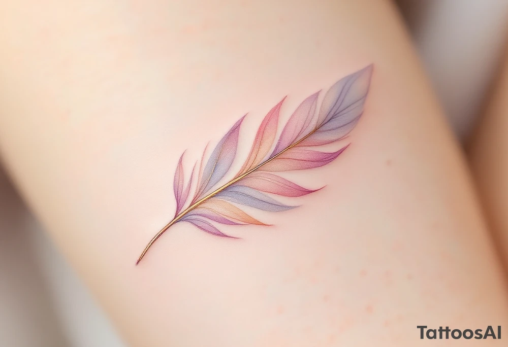 A delicate feather with soft watercolor shades of blush pink, lavender, and light gold, gently floating across the skin, with the quill end elegantly transforming into two intertwined wedding rings. The soft, feathered strokes gradually fade into a light mist, symbolizing lightness, freedom, and the enduring beauty of love. tattoo idea