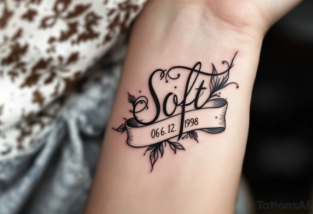 Soft 06.12.1998 in gray cursive with pale lilac linework forming a ribbon below it. tattoo idea