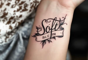 Soft 06.12.1998 in gray cursive with pale lilac linework forming a ribbon below it. tattoo idea