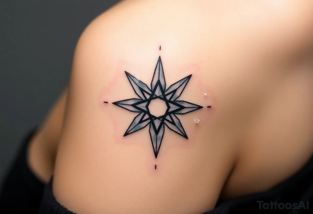 An icy pentagram with sharp crystal edges, surrounded by a cold mist and floating frost particles. tattoo idea