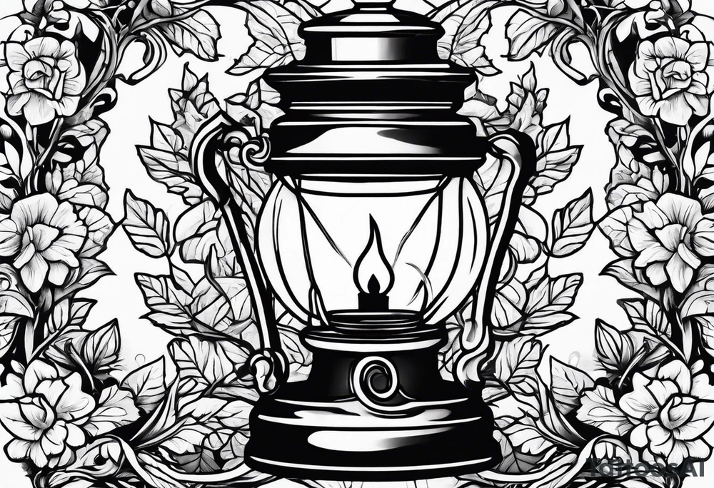 Oil lamp surrounded by leafy vines tattoo idea