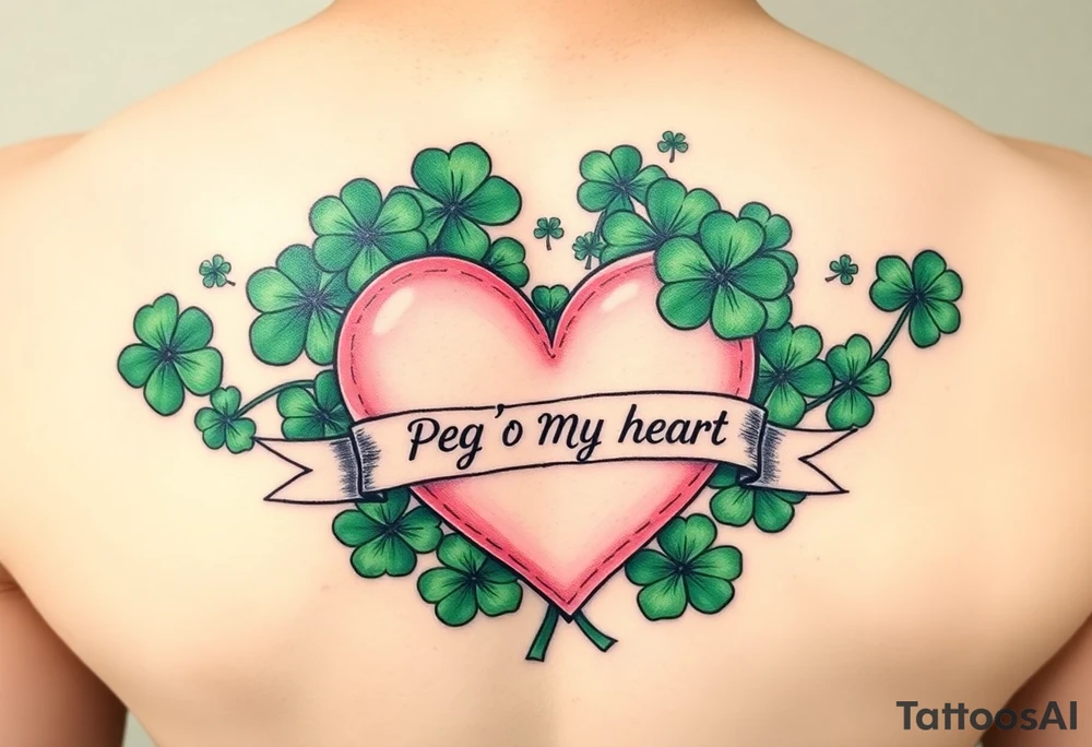 A ton of green shamrocks together with a big pale pink heart with a banner across the heart that says Peg 'o My Heart tattoo idea