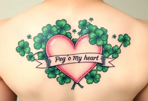 A ton of green shamrocks together with a big pale pink heart with a banner across the heart that says Peg 'o My Heart tattoo idea