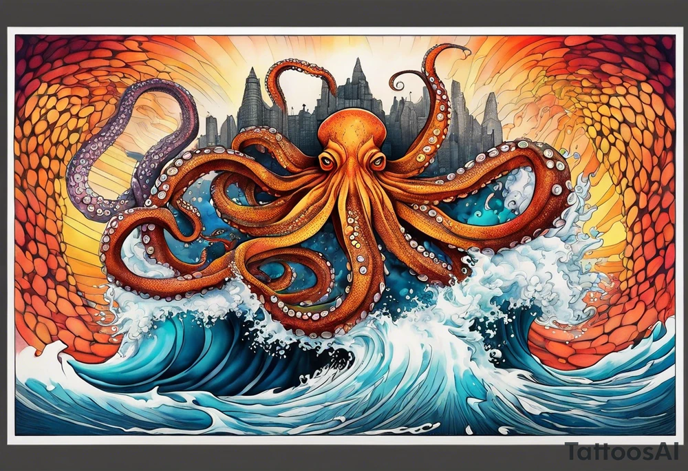 Octopus volcano bridge tattoo idea